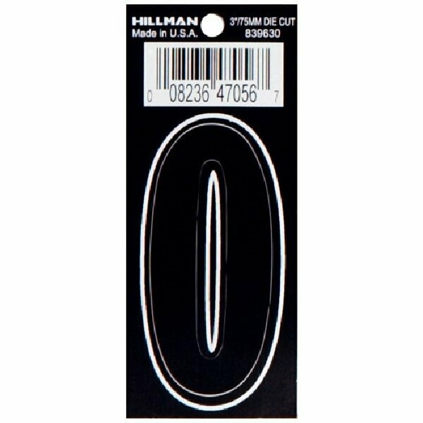 Hillman Die-Cut Number, Character: 0, 3 in H Character, Black/White Character, Black Background, Vinyl 839630
